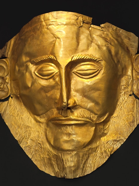 Gold funerary mask at the National Archaeological Museum, Athens.
