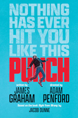 Broadway show poster for "Punch" with a man in mid-air, text by James Graham.