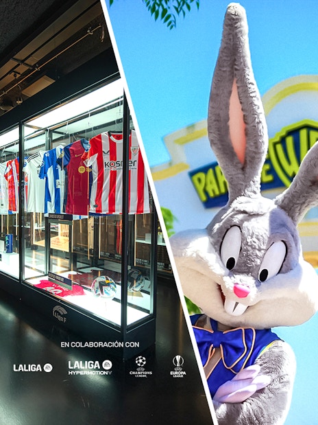 Football jerseys display at Legends of Football Museum and character at Parque Warner entrance.