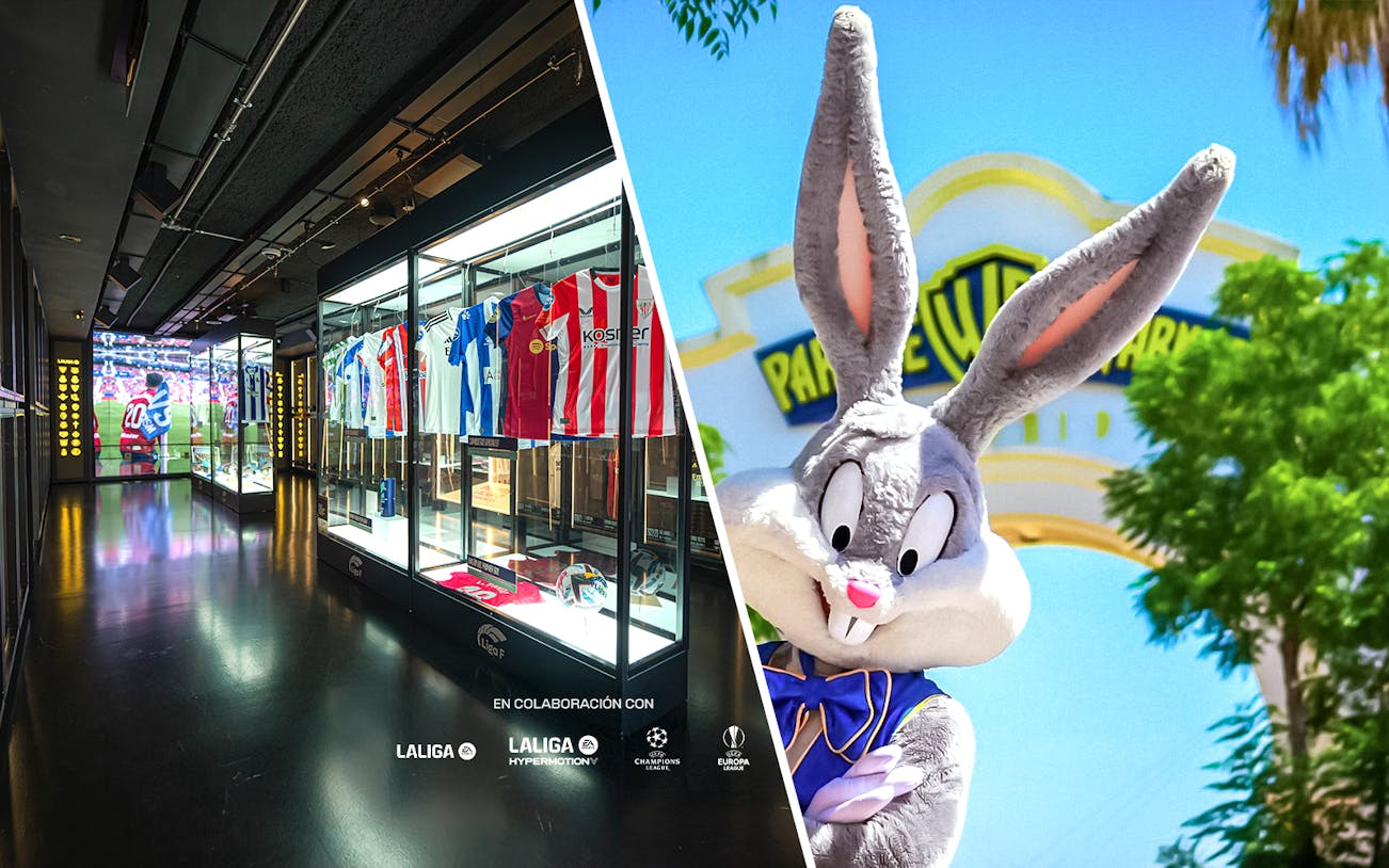 Football jerseys display at Legends of Football Museum and character at Parque Warner entrance.