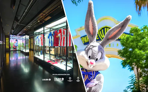 Football jerseys display at Legends of Football Museum and character at Parque Warner entrance.