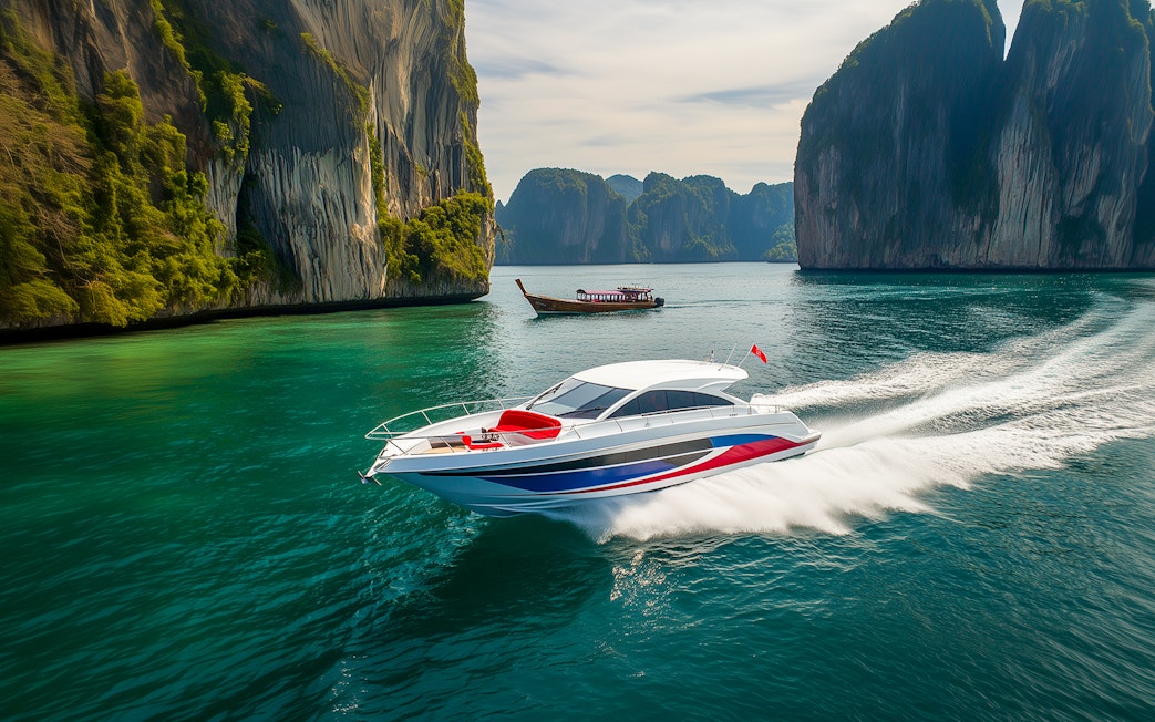 Speedboat cruising near limestone cliffs on Phi Phi Islands tour from Phuket.