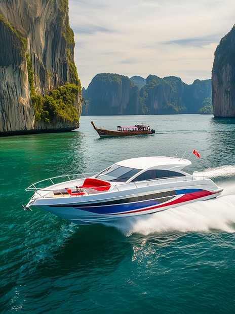 Speedboat cruising near limestone cliffs on Phi Phi Islands tour from Phuket.