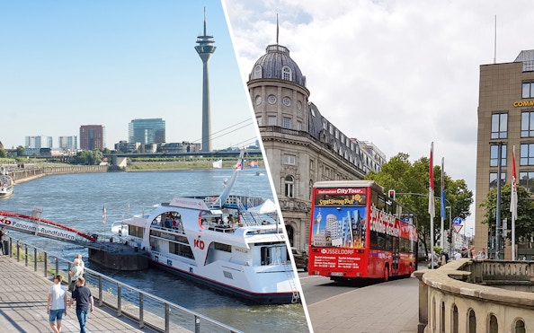 River cruise and city tour bus in Düsseldorf, Germany, featuring the Rhine Tower.