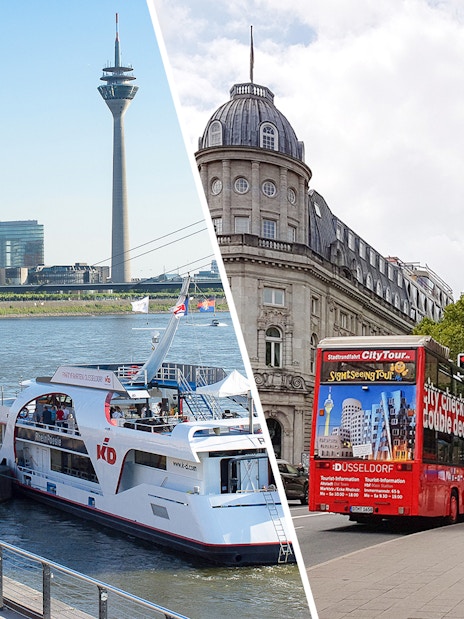 River cruise and city tour bus in Düsseldorf, Germany, featuring the Rhine Tower.