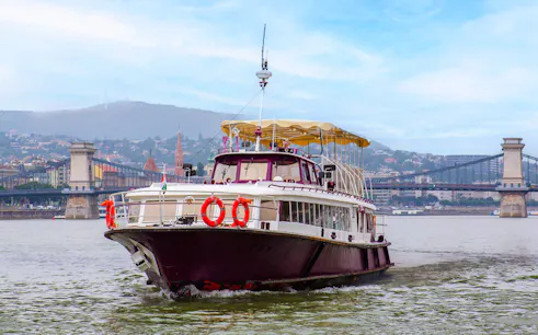 Guests on Budapest Highlights River Cruise with Chain Bridge in background.
