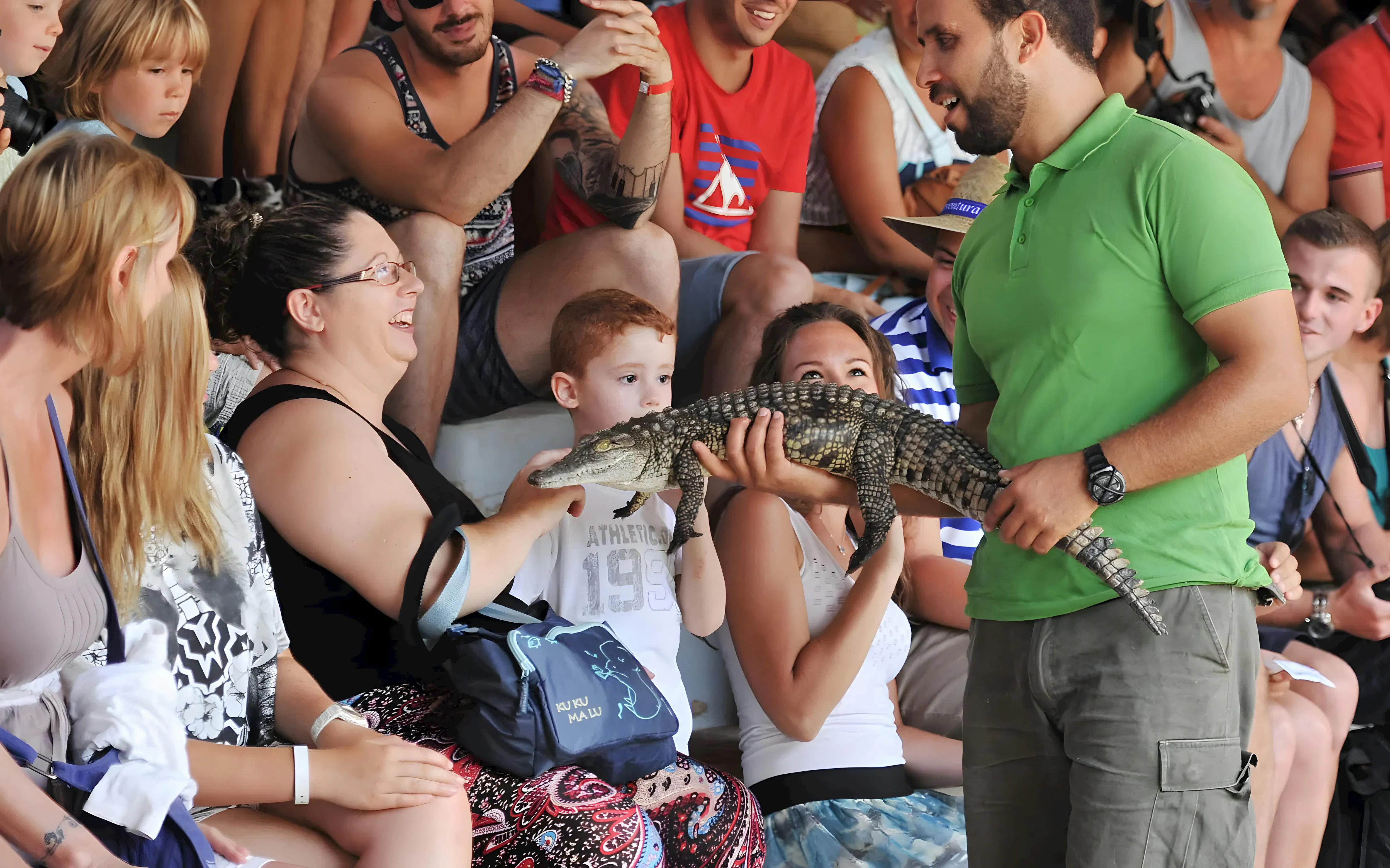 Visitors interacting with a small crocodile at Oasis Wildlife.