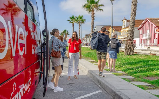 Tour group in Aveiro with guide near colorful houses and palm trees.