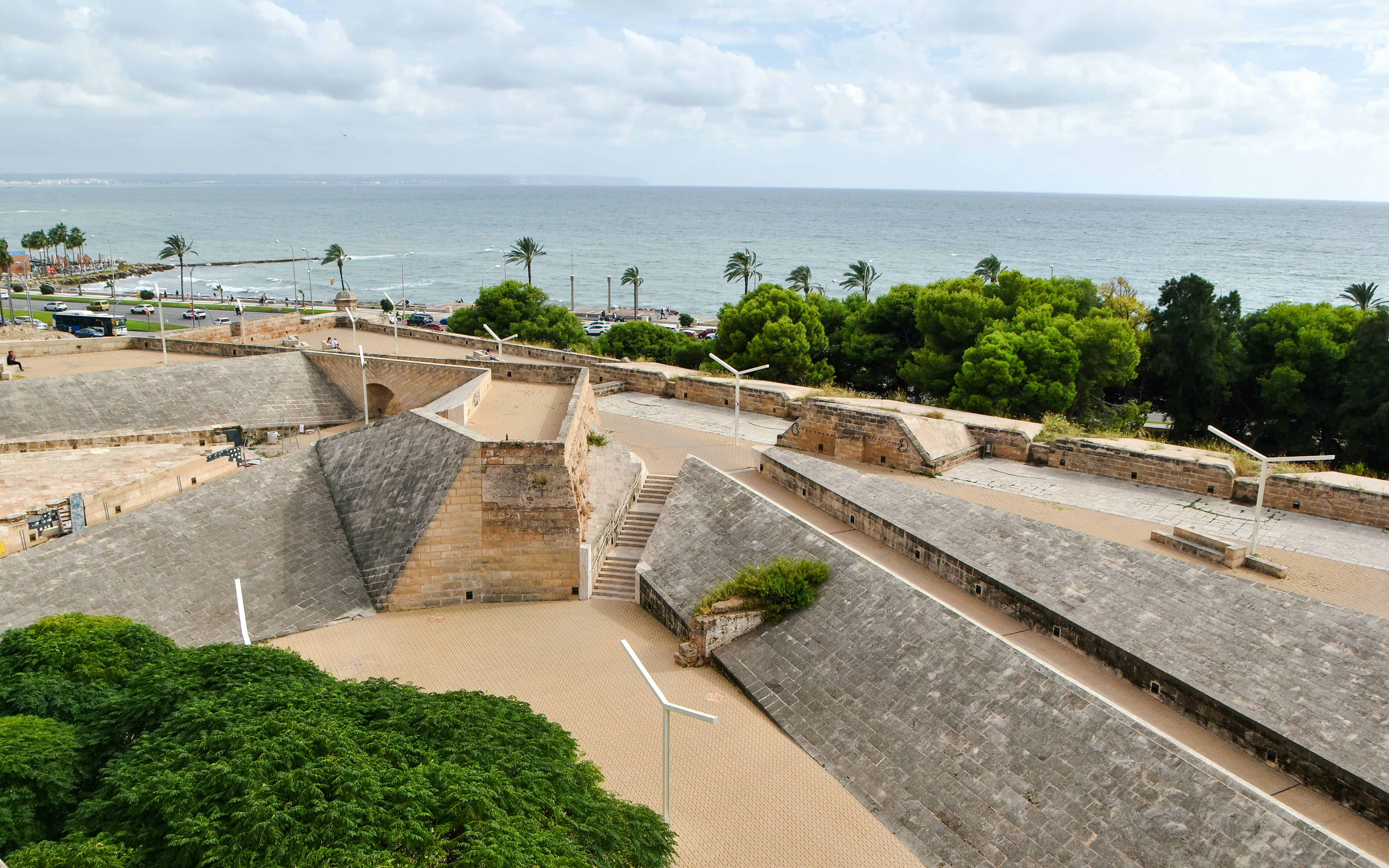 Mirador Baluard del Príncep viewpoint overlooking Palma's coastline and historic architecture.