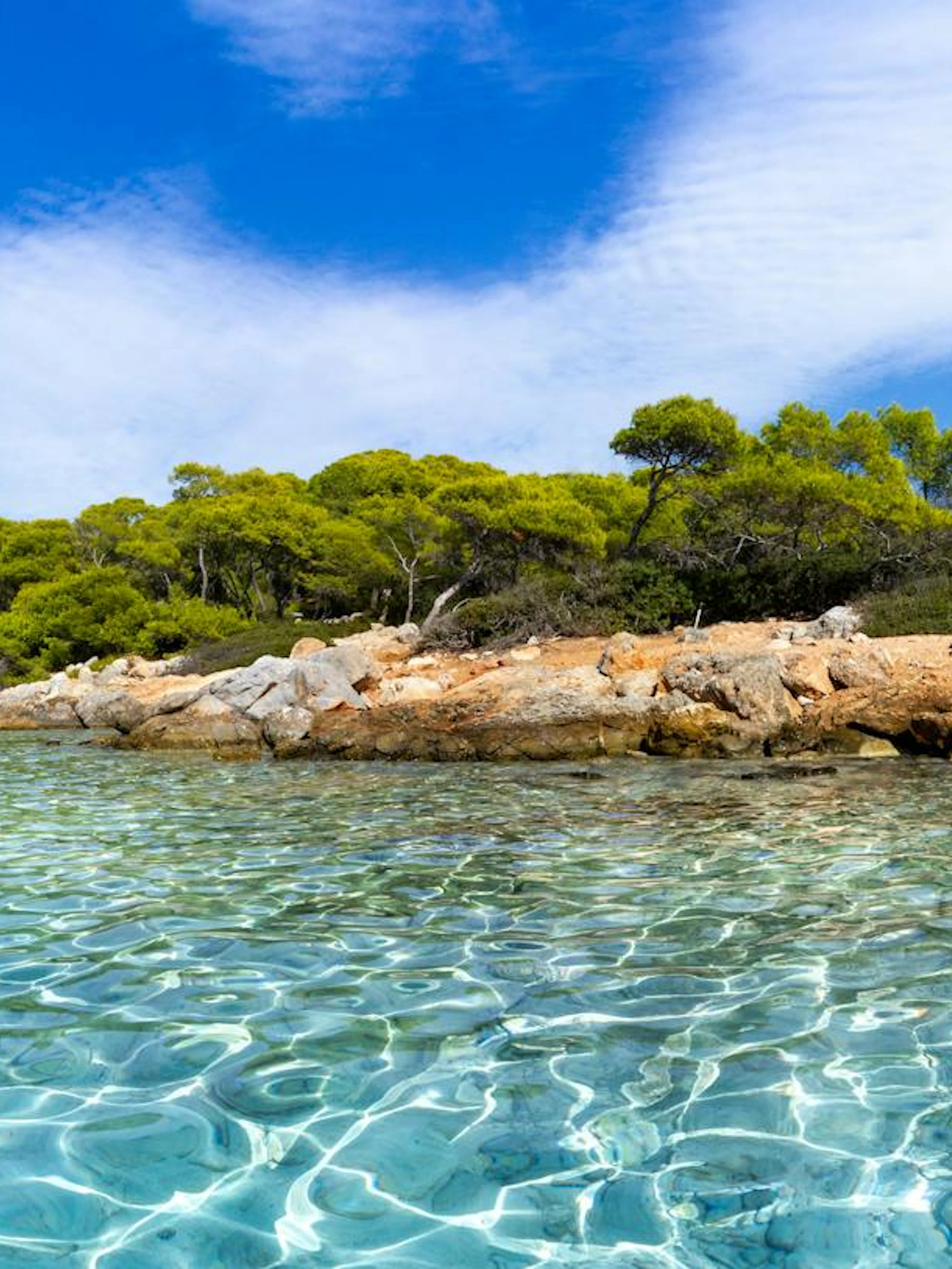 Clear waters and rocky shoreline of Moni Island, Greece, with lush greenery in the background.