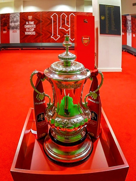 FA Cup replica displayed in Arsenal stadium locker room.