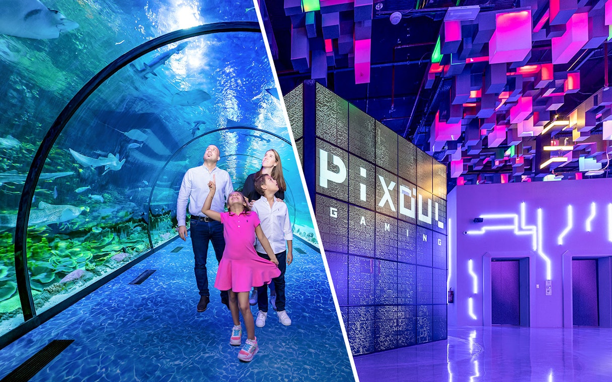 Family exploring underwater tunnel at National Aquarium Abu Dhabi and Pixoul Gaming at Al Qana.