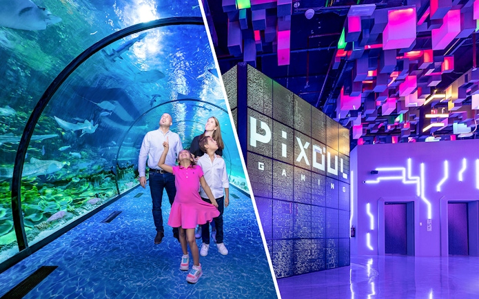 Family exploring underwater tunnel at National Aquarium Abu Dhabi and Pixoul Gaming at Al Qana.
