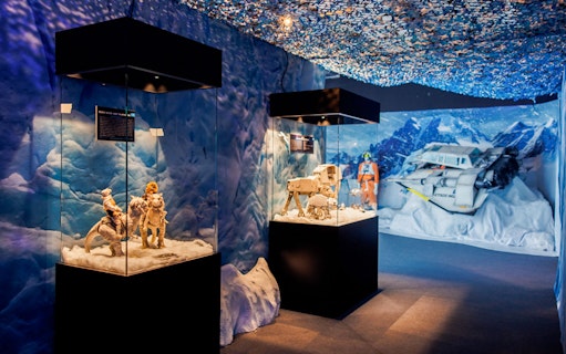 Exhibit of sci-fi models in icy landscape at Vienna: The Fans Strike Back Exhibition.