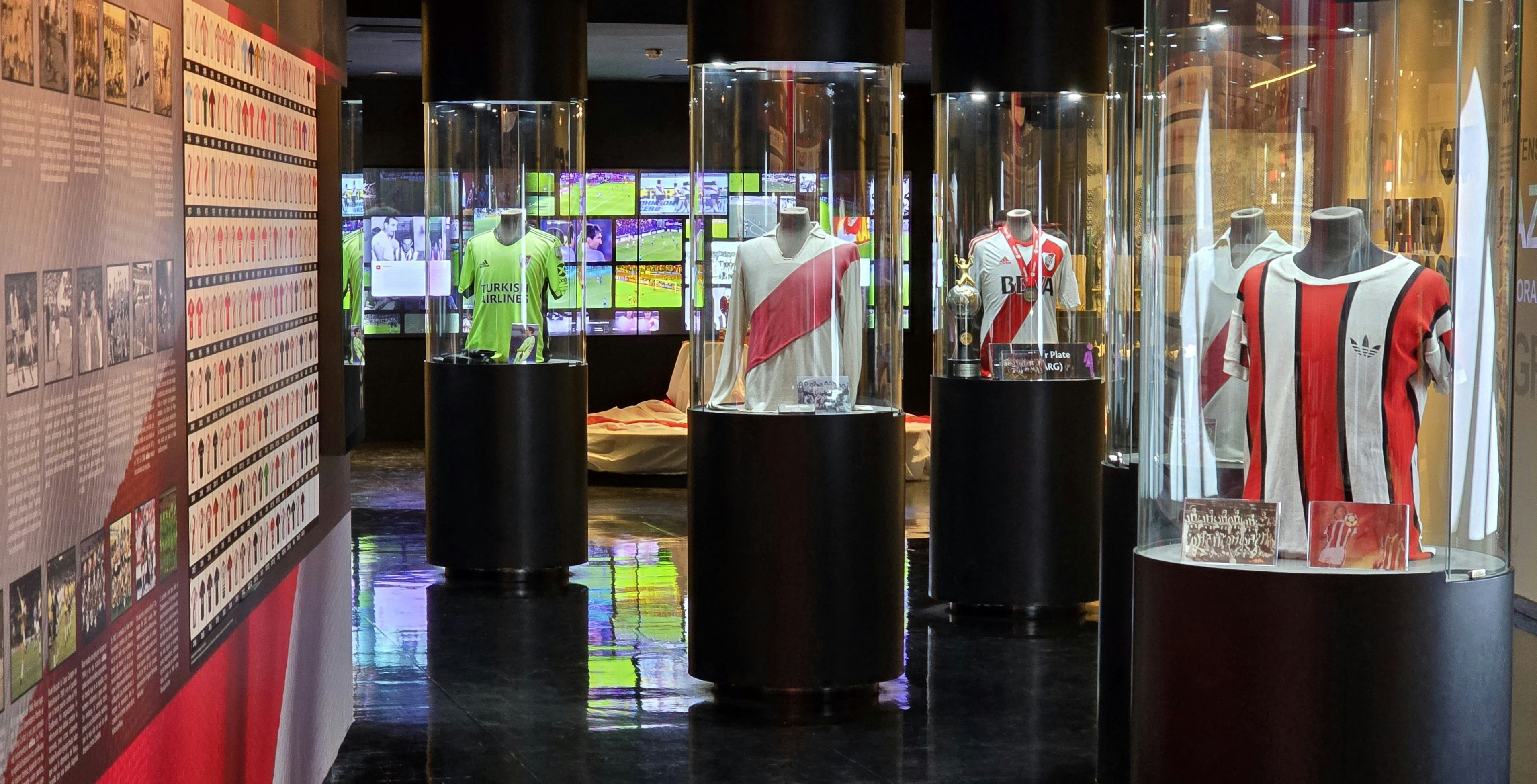 River Plate Museum exhibit featuring historic football jerseys and memorabilia.