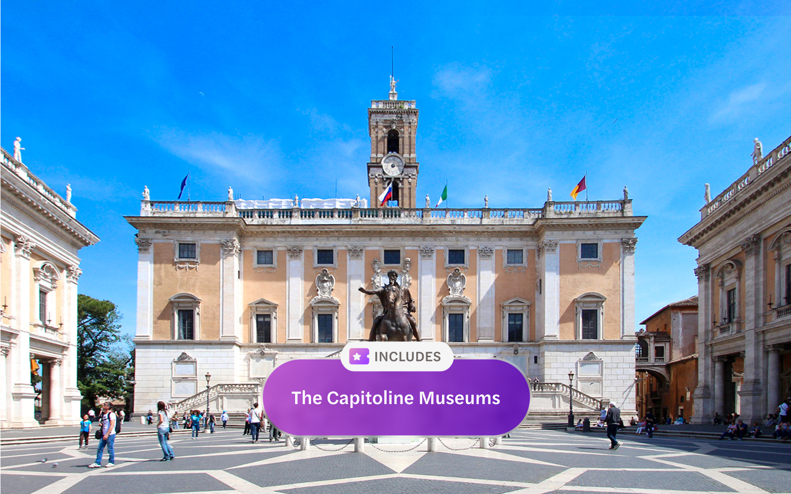 Capitoline Museums facade with equestrian statue in Rome, Italy.