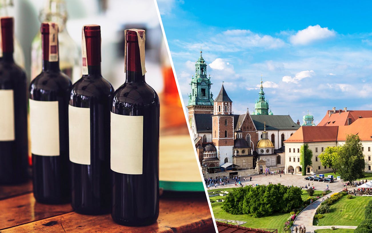 Wawel Castle and Cathedral tour group enjoying wine in Krakow, Poland.