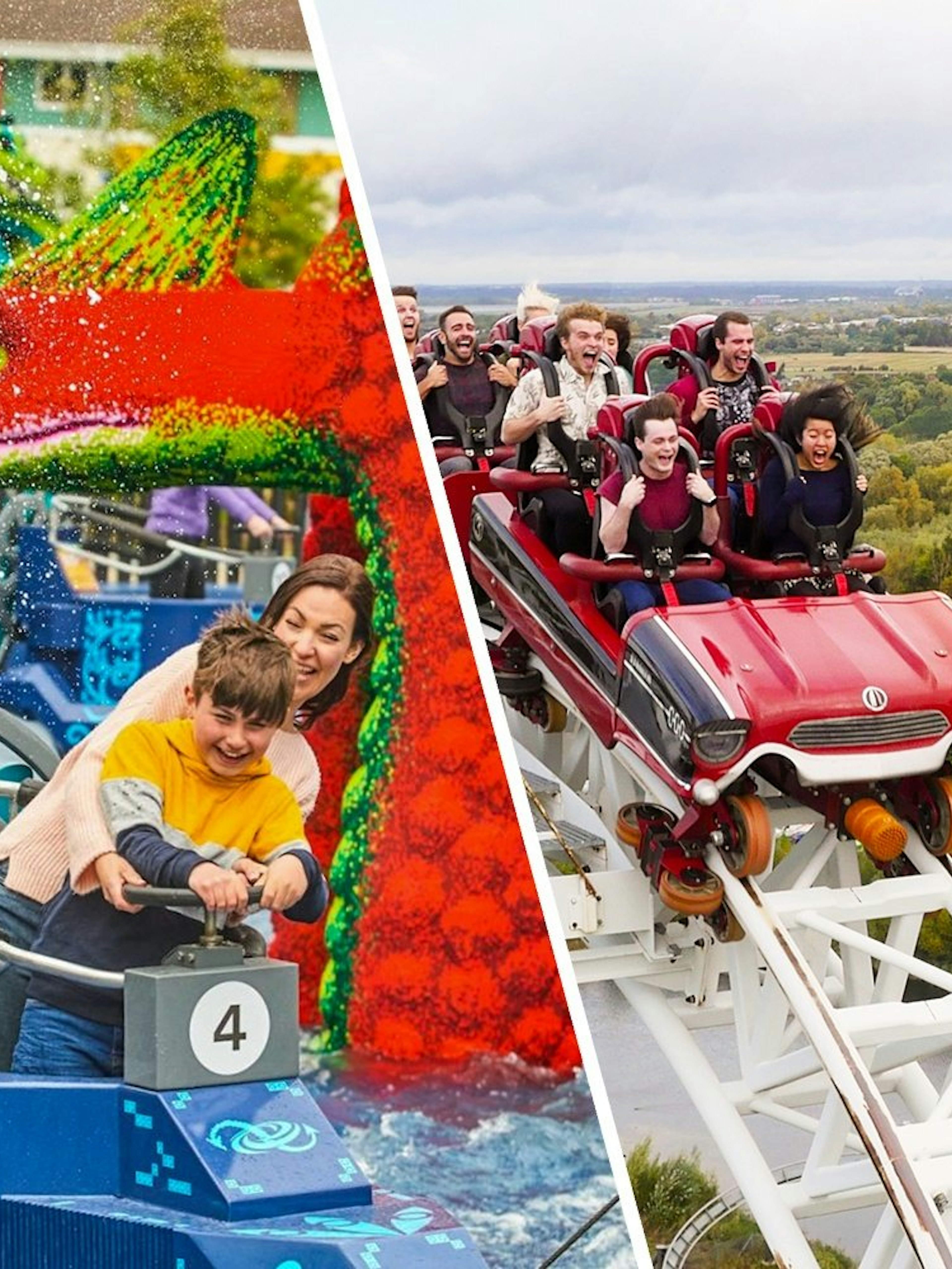 Visitors enjoying rides at Legoland Windsor and Thorpe Park.