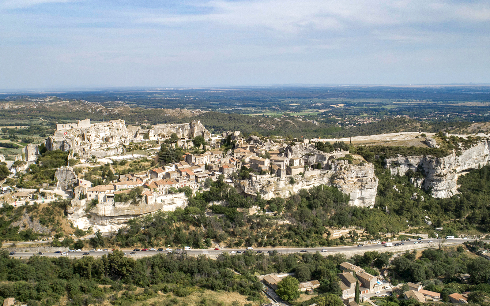 Aerial view of Les Baux-de-Provence village and surrounding landscape on Provence full-day tour.