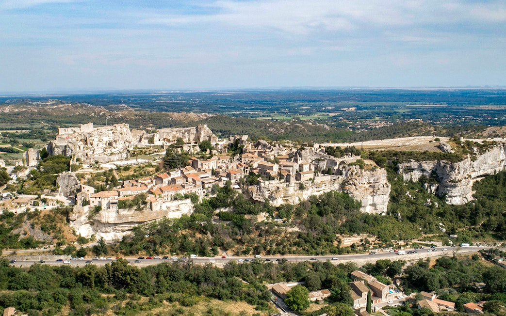 Aerial view of Les Baux-de-Provence village and surrounding landscape on Provence full-day tour.