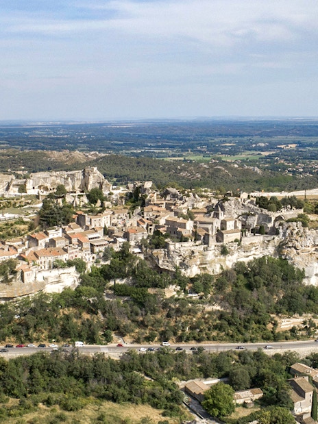 Aerial view of Les Baux-de-Provence village and surrounding landscape on Provence full-day tour.