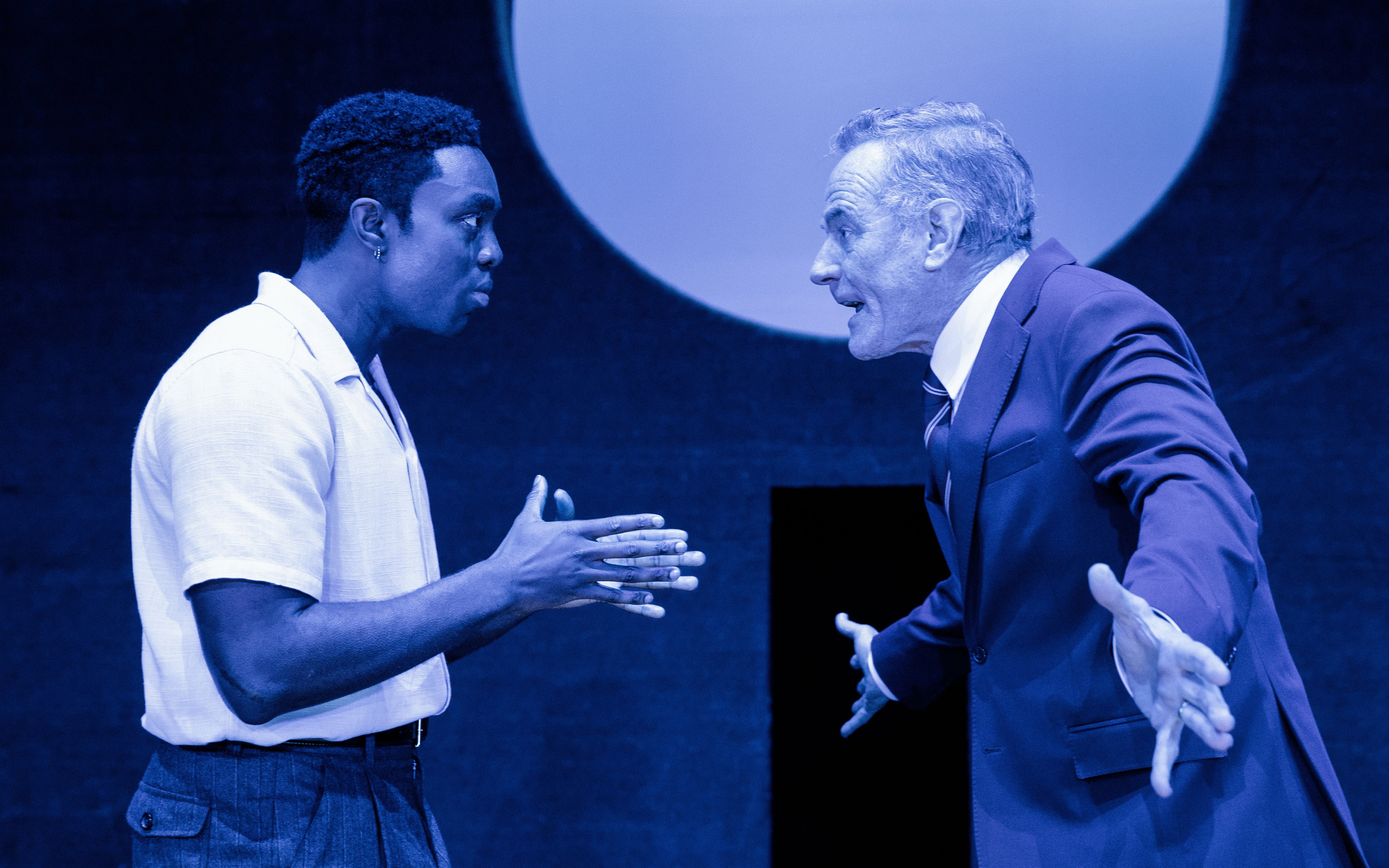 Two actors in an intense scene from the West End show "All My Sons.