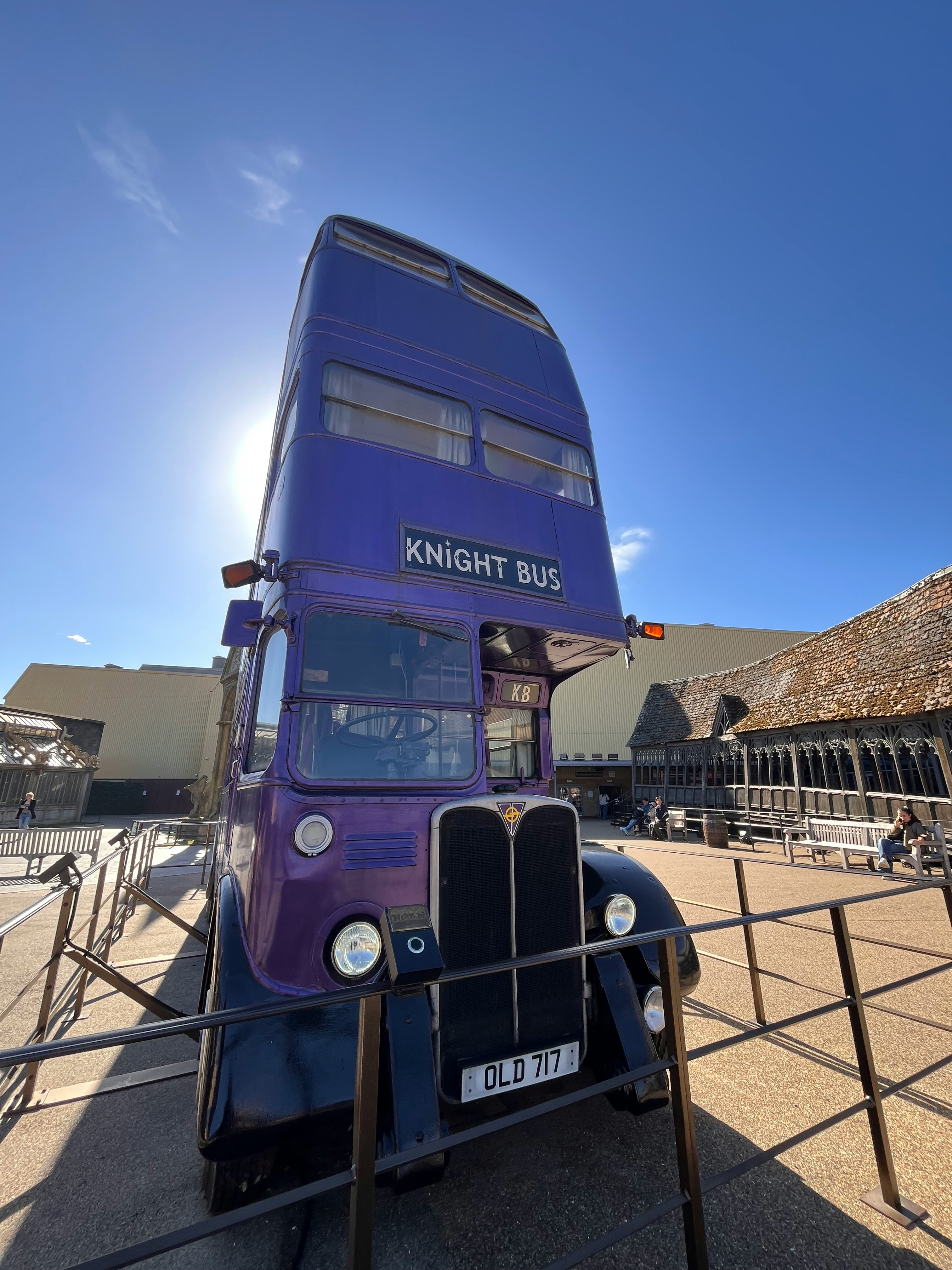 Knight Bus at Harry Potter Studio Tour London near Hogwarts Bridge.