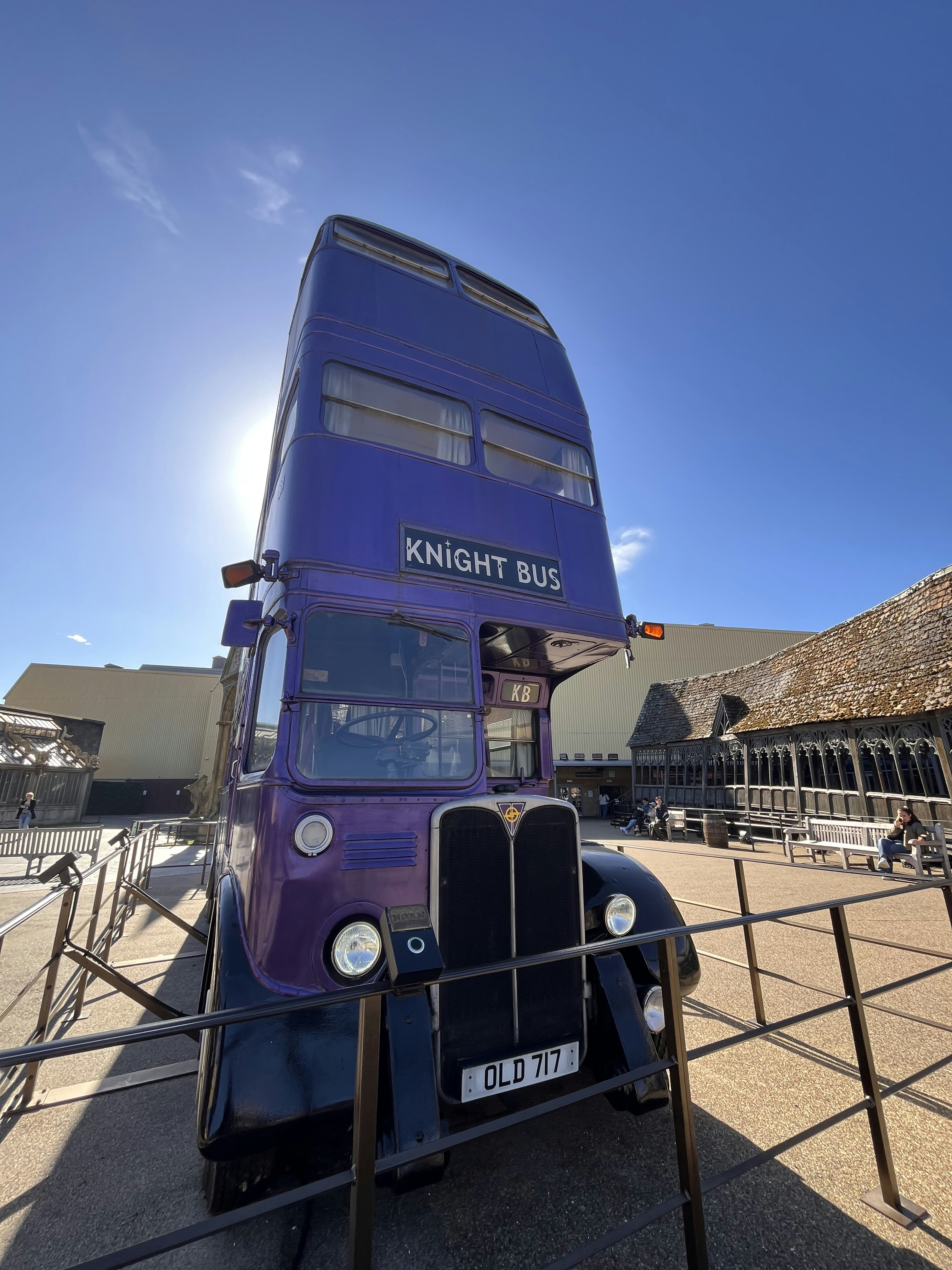 Knight Bus at Harry Potter Studio Tour London near Hogwarts Bridge.