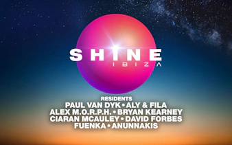 Shine Ibiza event poster with DJ lineup including Paul Van Dyk and Aly & Fila.