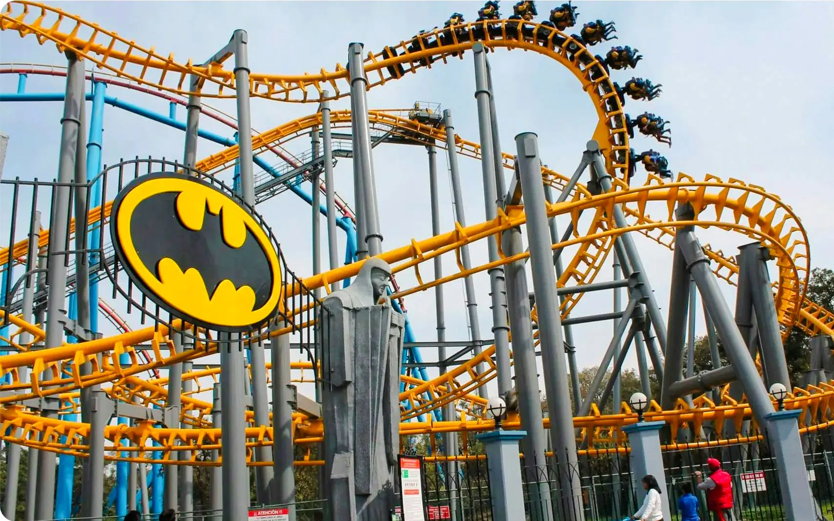 Guests riding the Batman roller coaster at Six Flags Mexico.