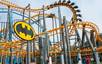 Guests riding the Batman roller coaster at Six Flags Mexico.