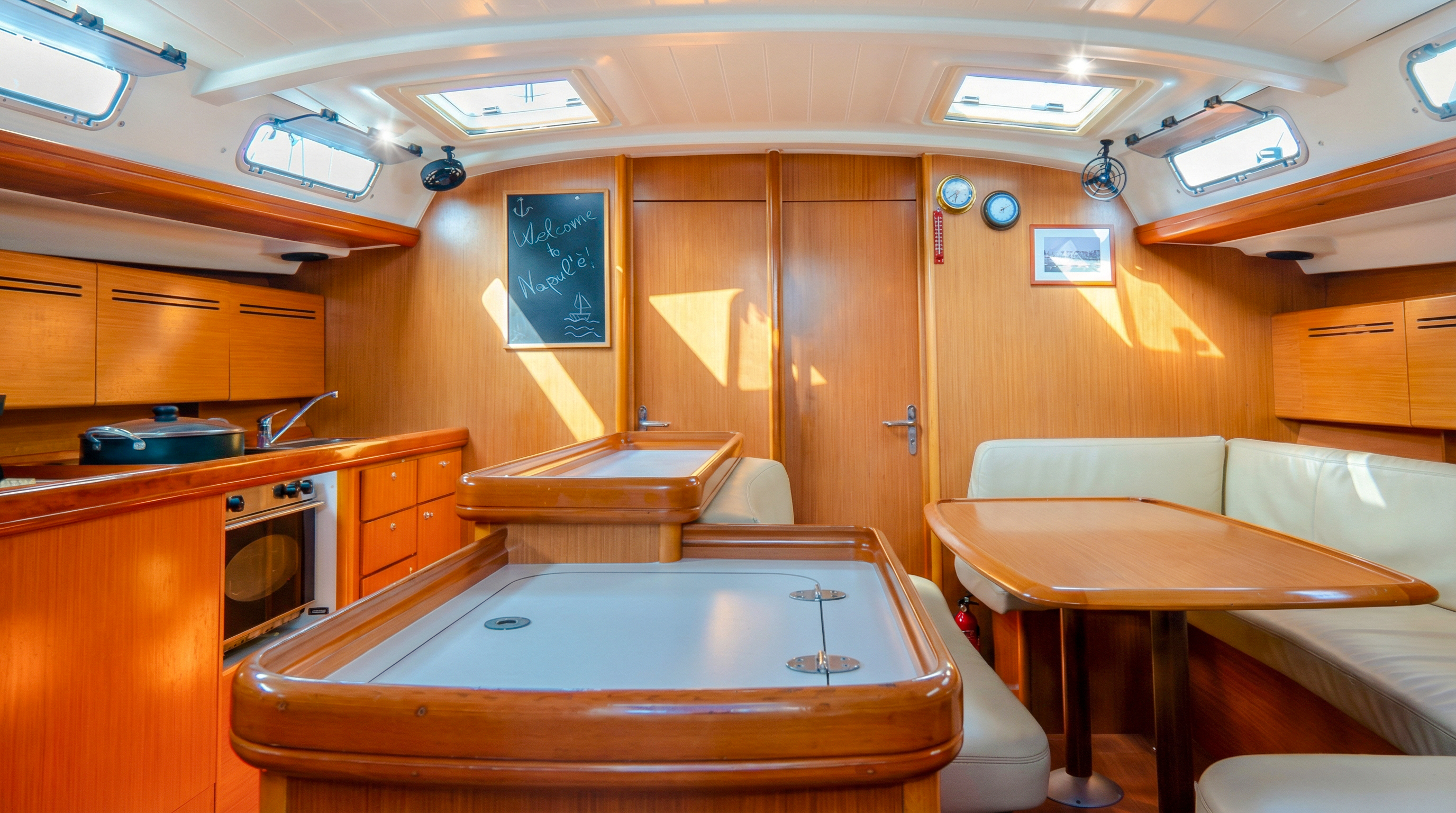 Sailboat interior with dining area and kitchen, La Maddalena Archipelago sailing tour.