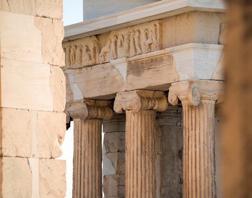 Temple of Nike close up view of the columns and pillars with mythological engravings