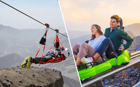 Jais Flight zipline and sledder ride in mountain landscape.