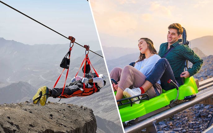 Jais Flight zipline and sledder ride in mountain landscape.
