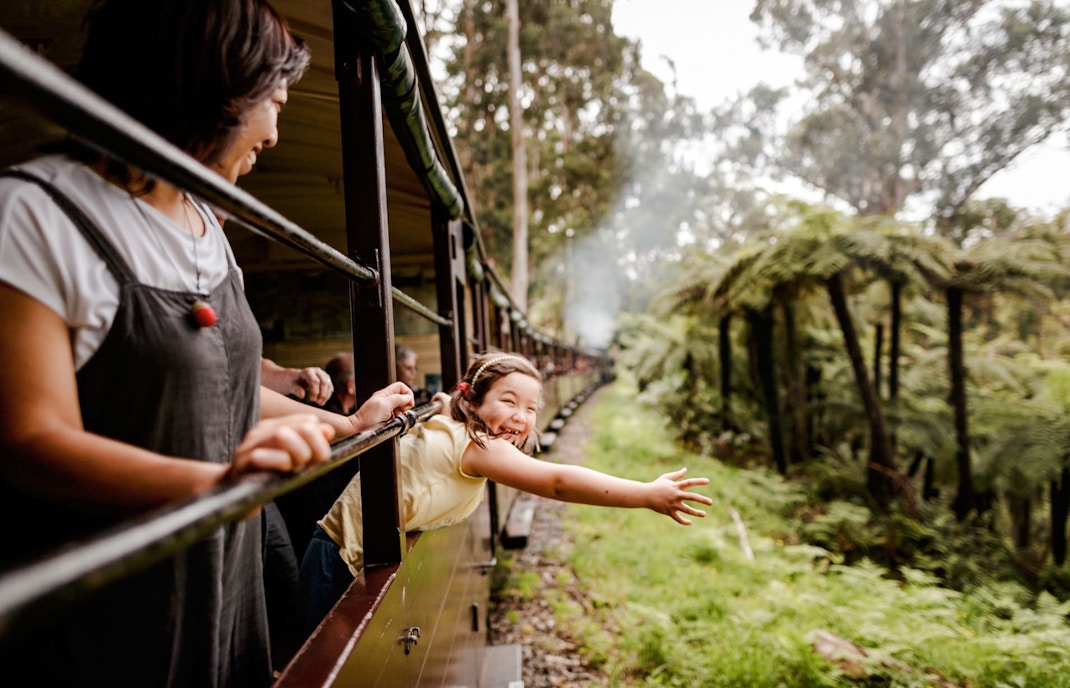 Young girl waves from Puffing Billy steam train window on Melbourne tour.