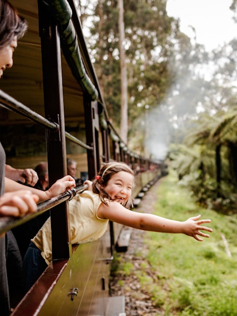 Young girl waves from Puffing Billy steam train window on Melbourne tour.