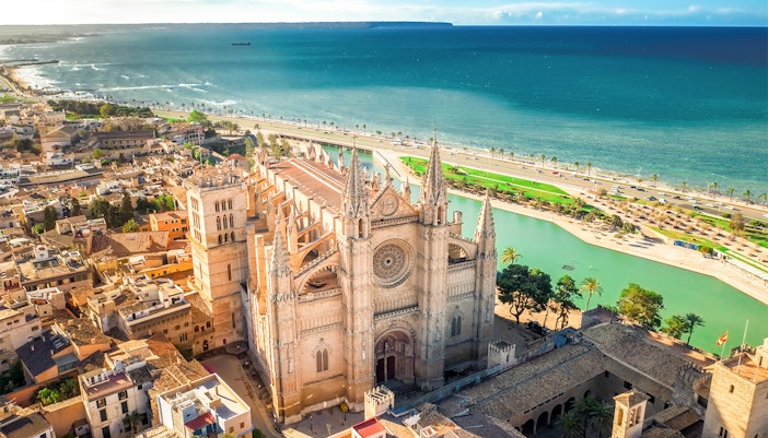 Palma Cathedral exterior with Gothic architecture in Palma de Mallorca, Spain.