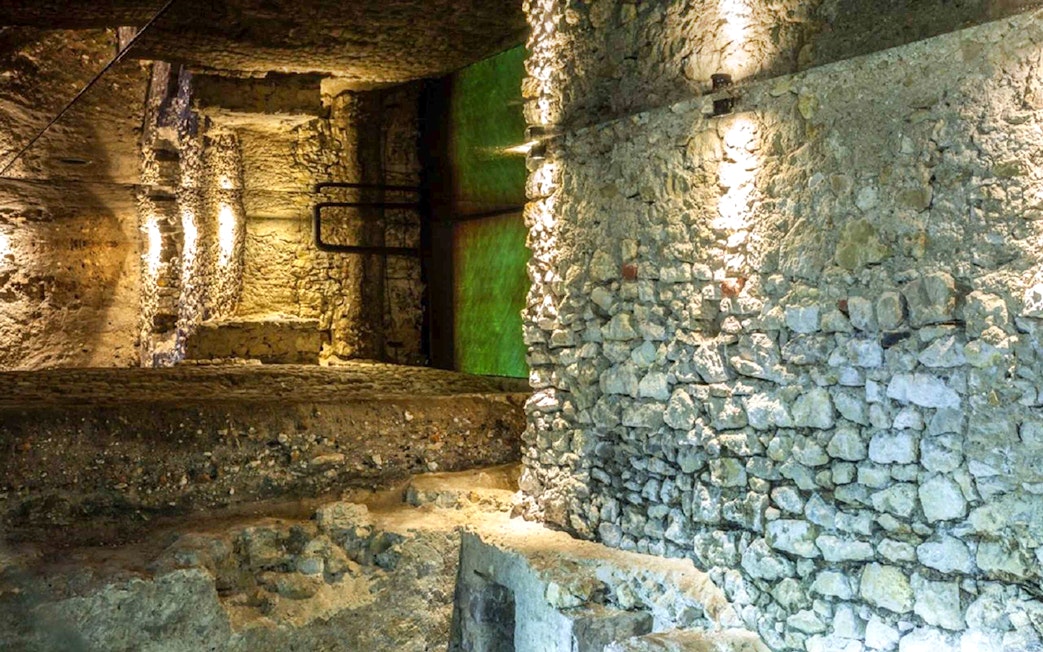 Krakow Rynek Underground stone walls and archaeological site.