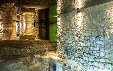 Krakow Rynek Underground stone walls and archaeological site.