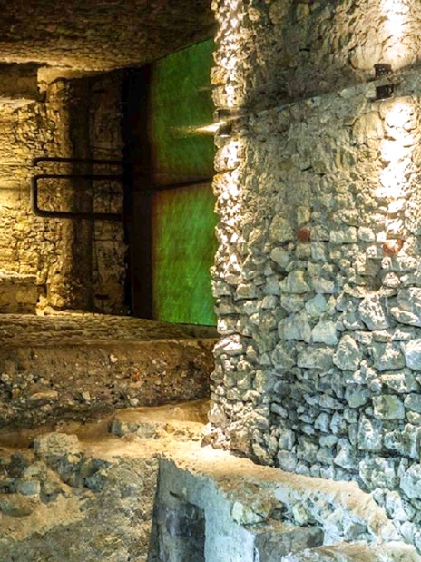Krakow Rynek Underground stone walls and archaeological site.