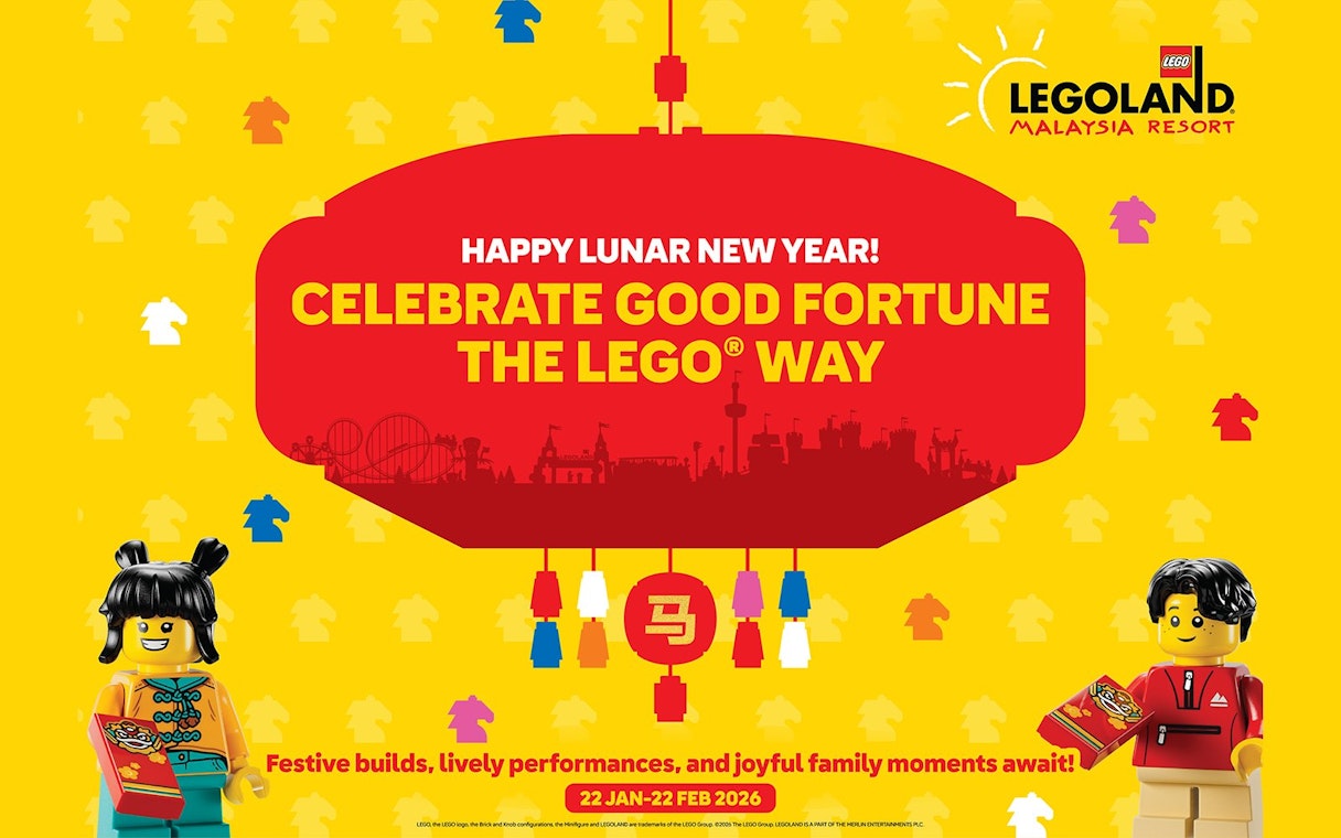 Lunar New Year celebration at Legoland Malaysia with LEGO figures and festive decorations.