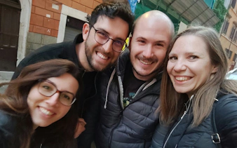 Group of friends enjoying the Ghosts of Rome self-guided city exploration game.