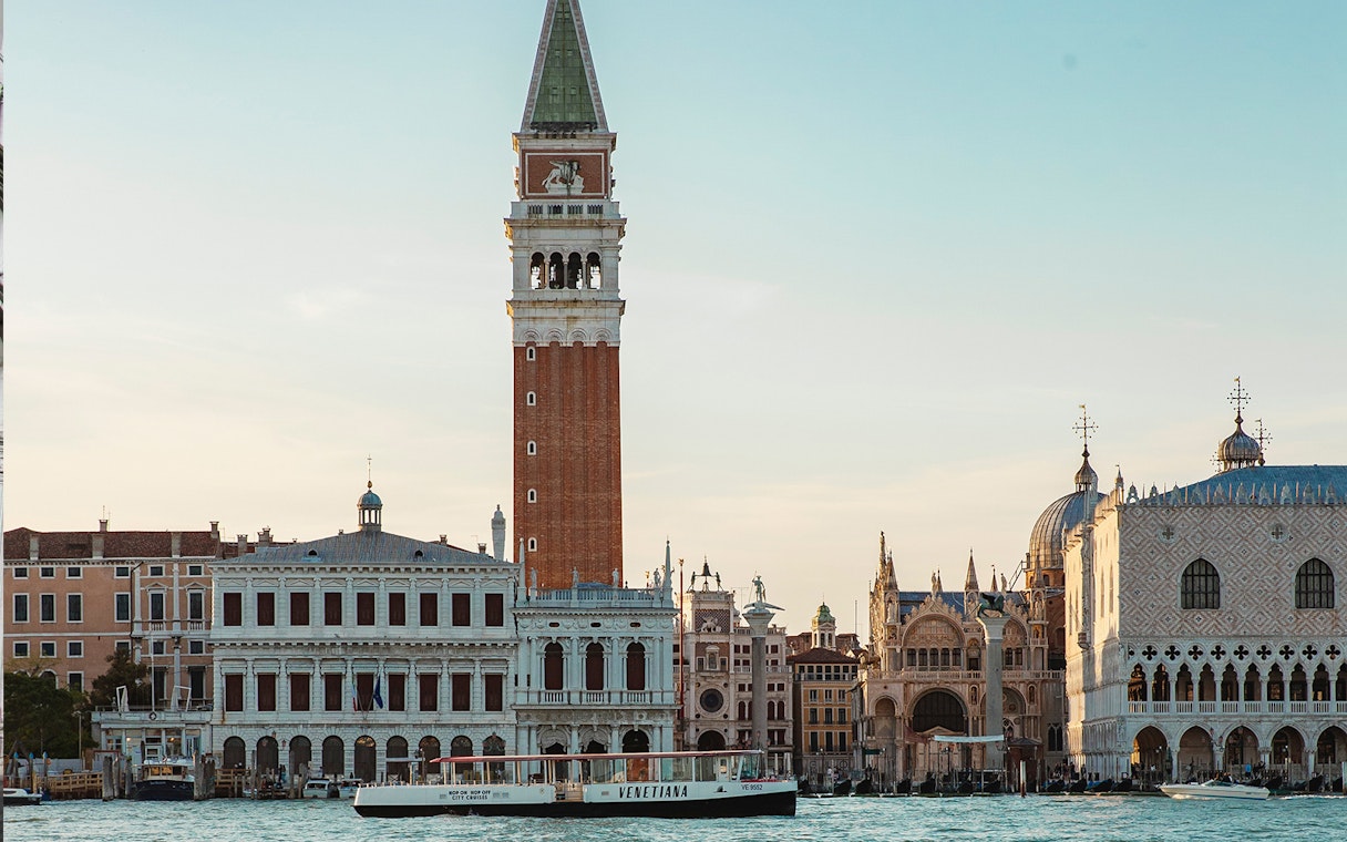 St. Mark's Campanile and Doge's Palace in Venice, view from the Grand Canal.