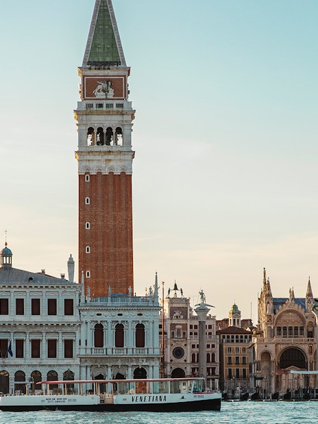 St. Mark's Campanile and Doge's Palace in Venice, view from the Grand Canal.