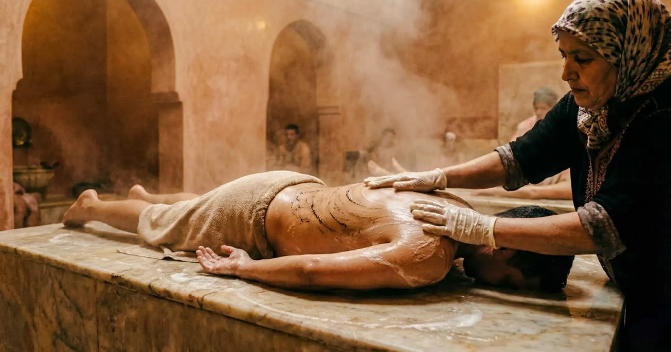Traditional Marrakchi hammam massage in steamy Marrakesh spa.