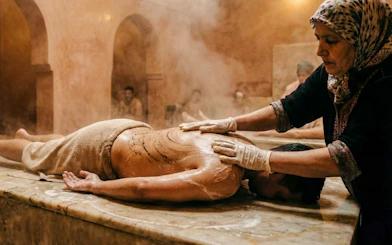 Traditional Marrakchi hammam massage in steamy Marrakesh spa.