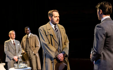 Actors in courtroom scene from "Witness for the Prosecution" performance.