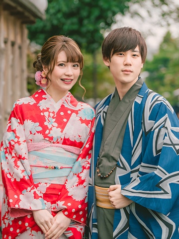Couple wearing traditional kimonos in Kyoto, Japan.