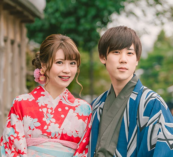 Couple wearing traditional kimonos in Kyoto, Japan.